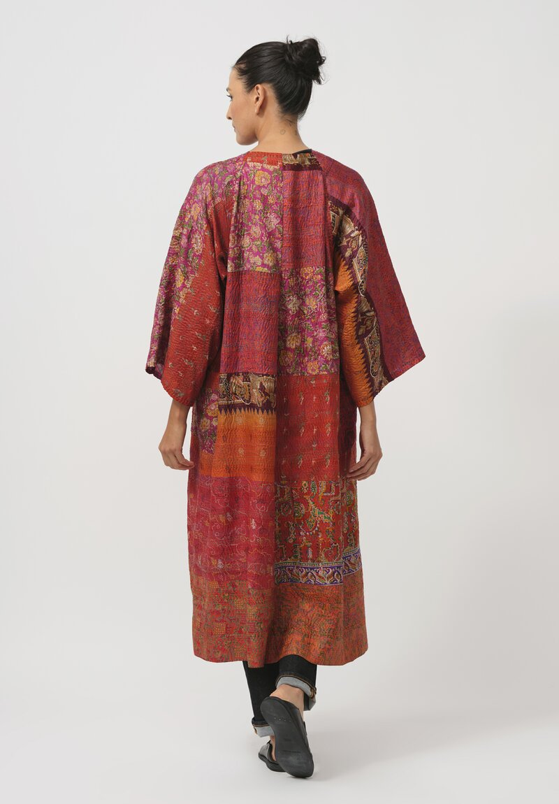 Mieko Mintz Vintage Silk Maxi Kimono Coat in Red Brocade	