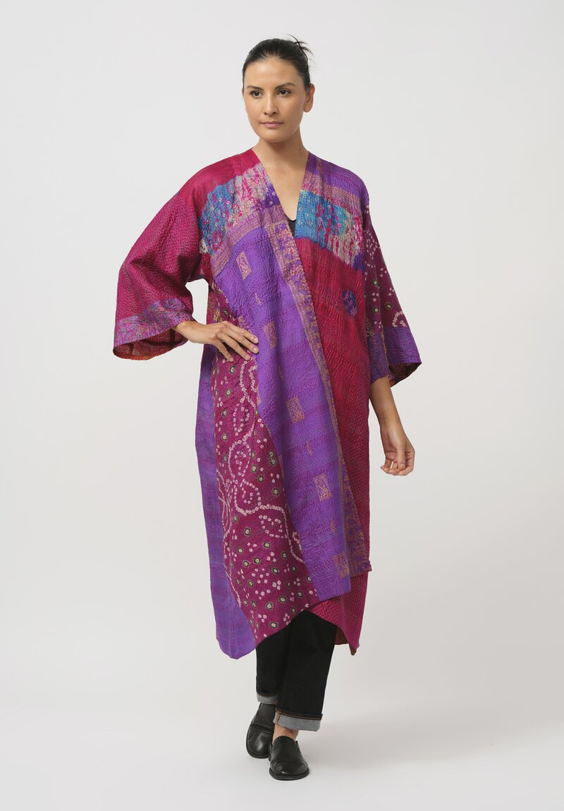 Mieko Mintz Vintage Silk Maxi Kimono Coat in Red Brocade	