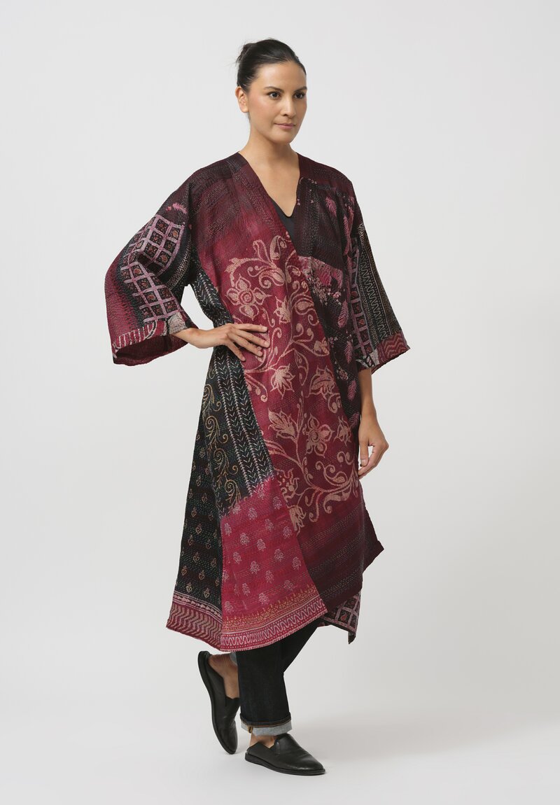 Mieko Mintz Vintage Silk Maxi Kimono Coat in Purple & Red Fawn	