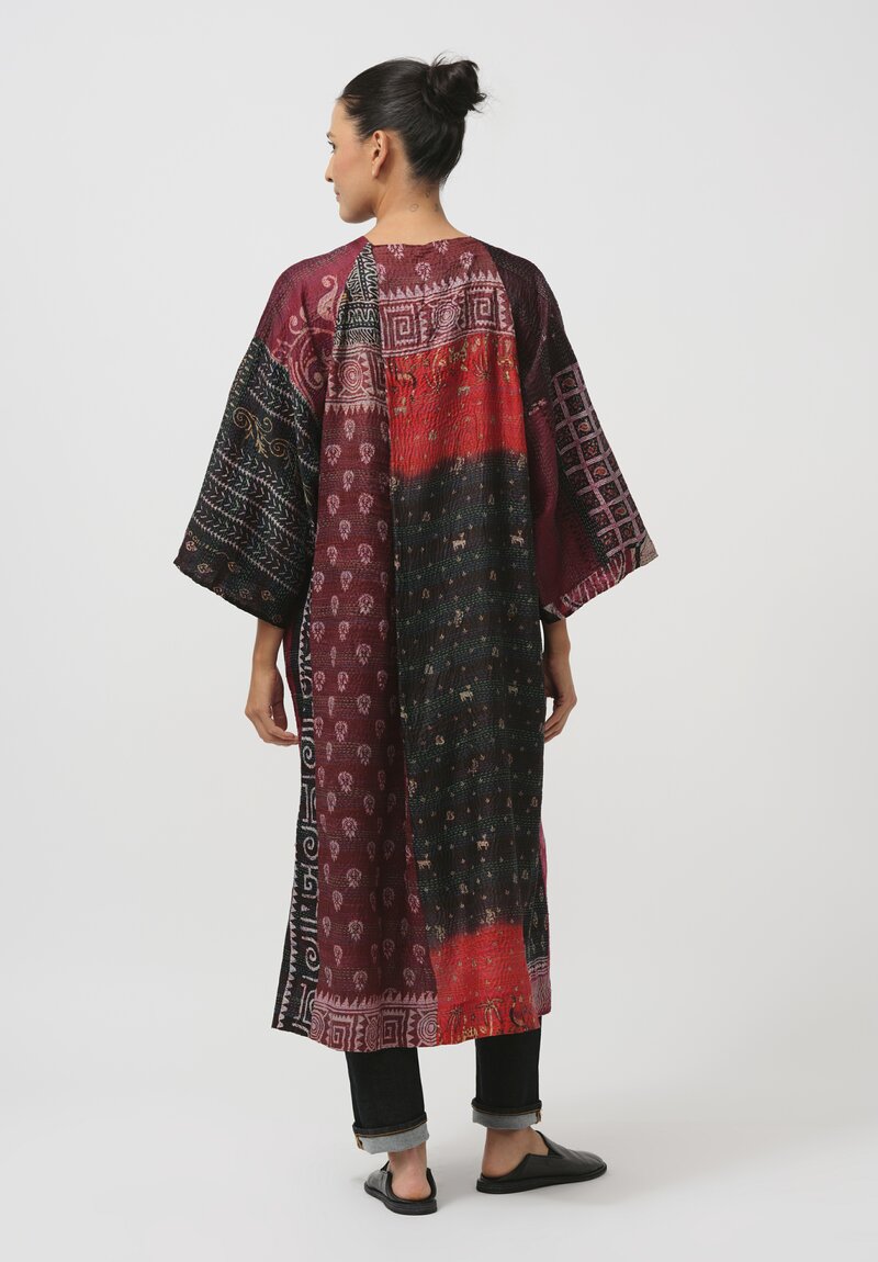 Mieko Mintz Vintage Silk Maxi Kimono Coat in Purple & Red Fawn	