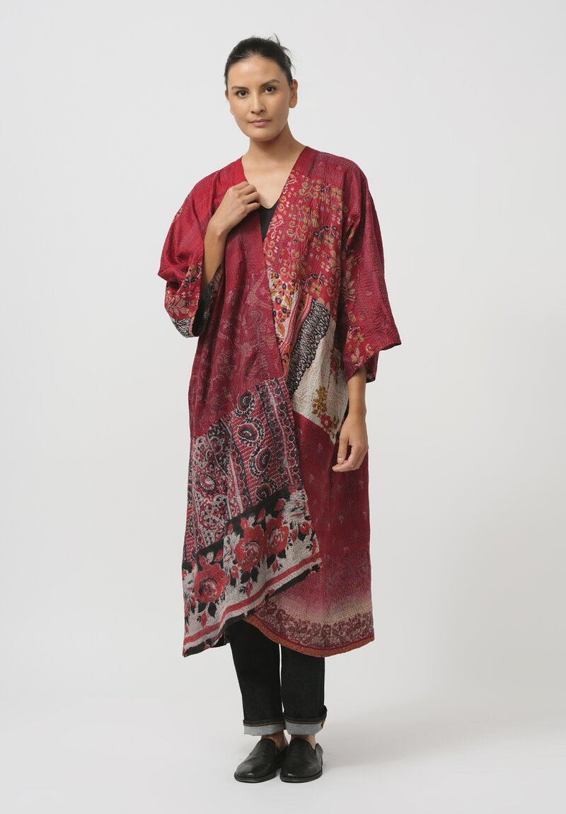 Mieko Mintz Vintage Silk Maxi Kimono Coat in Purple & Red Fawn	