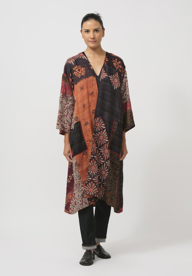 Mieko Mintz Vintage Silk Kantha Duster in Orange & Black Floral	