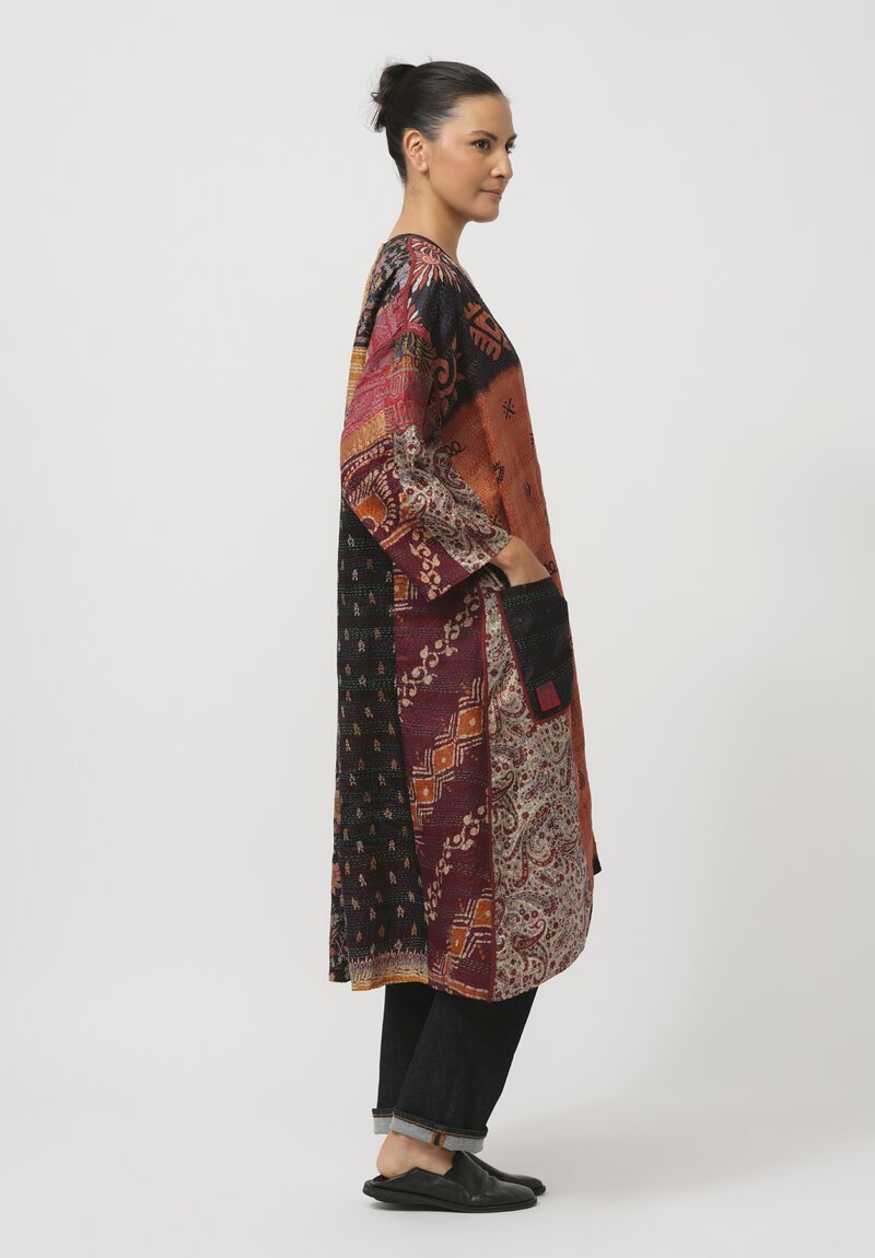 Mieko Mintz Vintage Silk Kantha Duster in Orange & Black Floral	