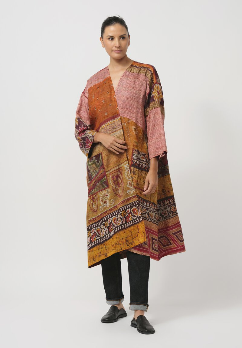 Mieko Mintz Vintage Silk Kantha Duster in Orange & Black Floral	