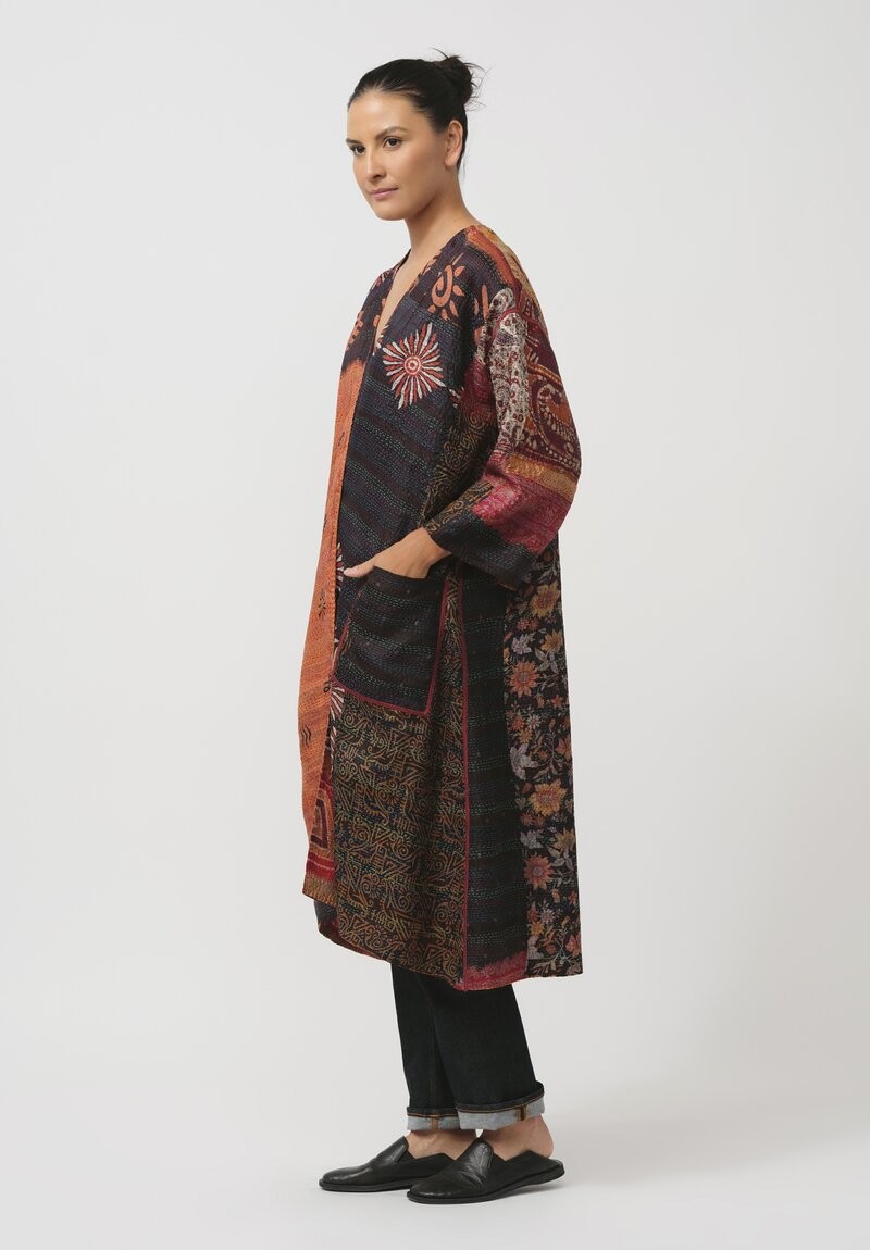 Mieko Mintz Vintage Silk Kantha Duster in Orange & Black Floral	