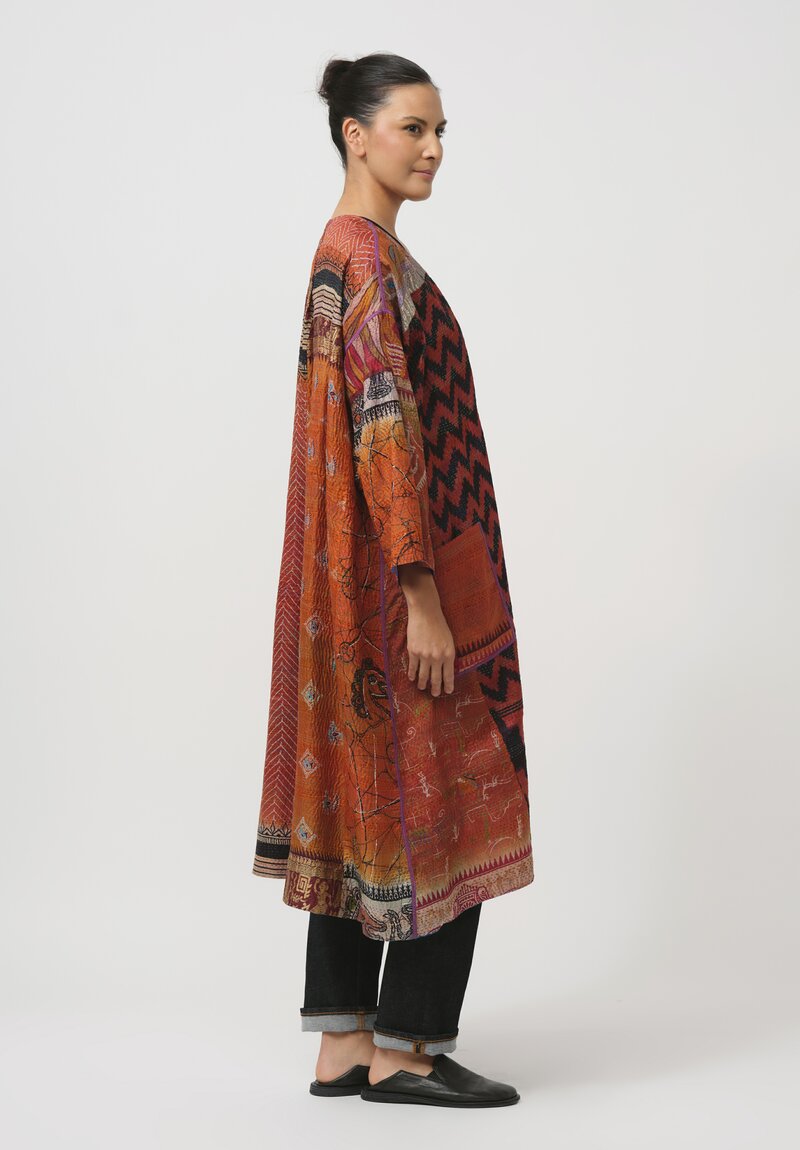 Mieko Mintz Vintage Silk Kantha Duster in Orange & Blue Sketch	