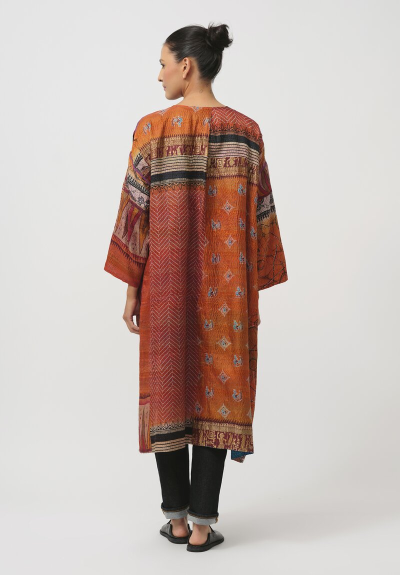 Mieko Mintz Vintage Silk Kantha Duster in Orange & Blue Sketch	