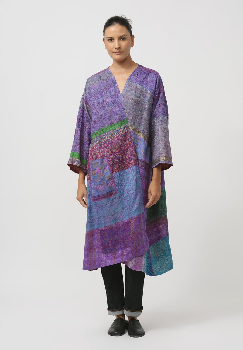 Mieko Mintz Vintage Silk Kantha Duster in Orange & Blue Sketch	