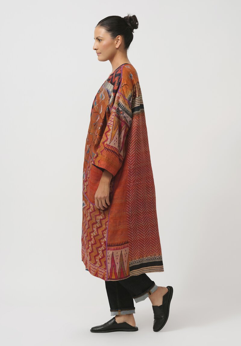 Mieko Mintz Vintage Silk Kantha Duster in Orange & Blue Sketch	