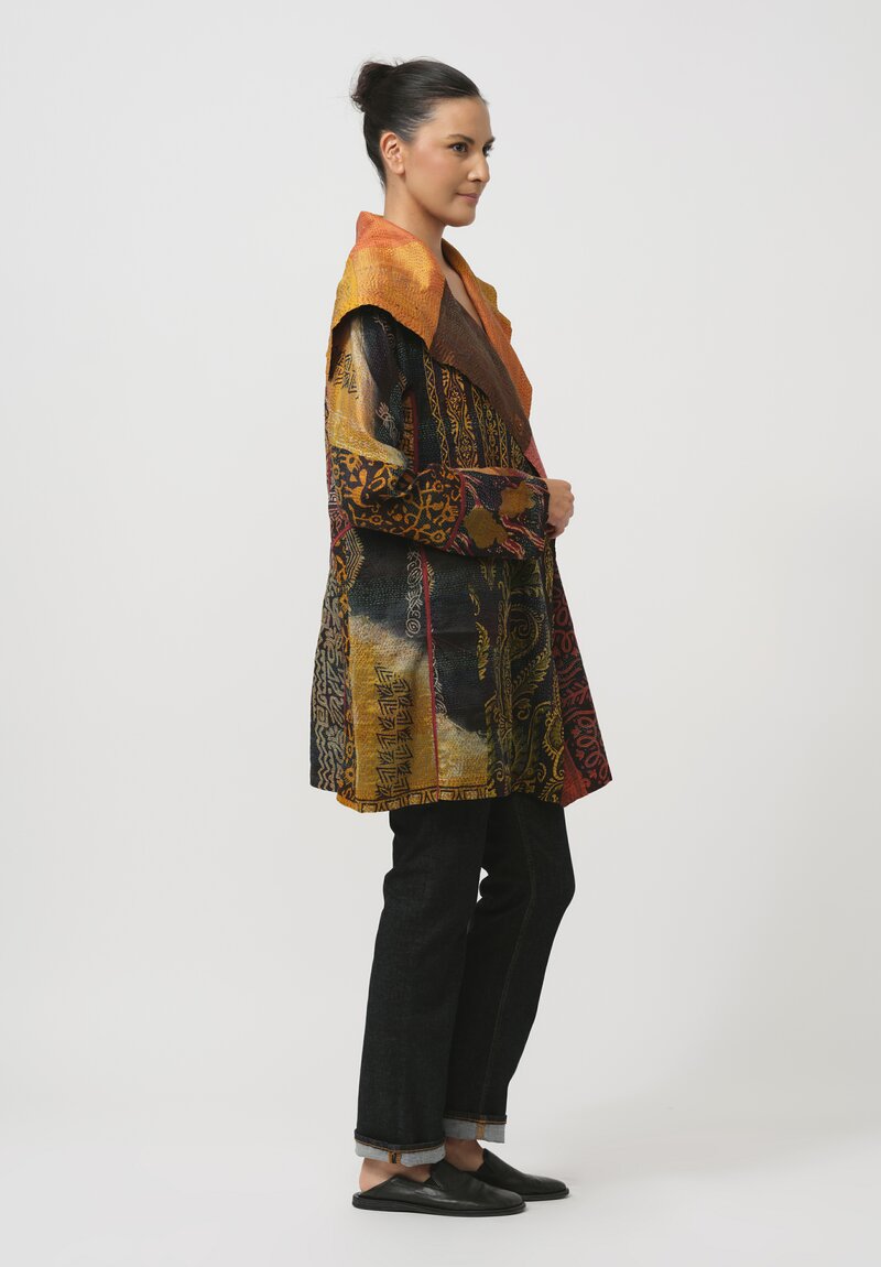 Mieko Mintz Vintage Silk Patch Kimono Jacket in Blue & Gold Glyph	