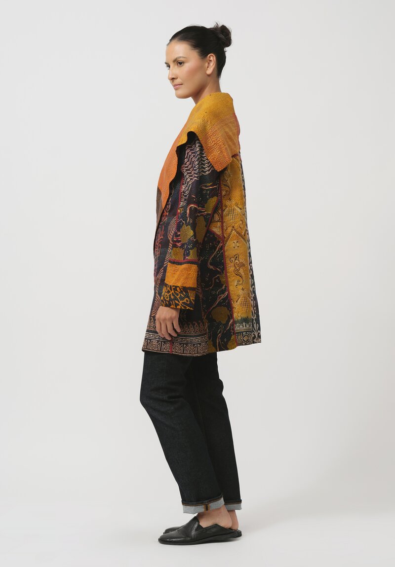 Mieko Mintz Vintage Silk Patch Kimono Jacket in Blue & Gold Glyph	