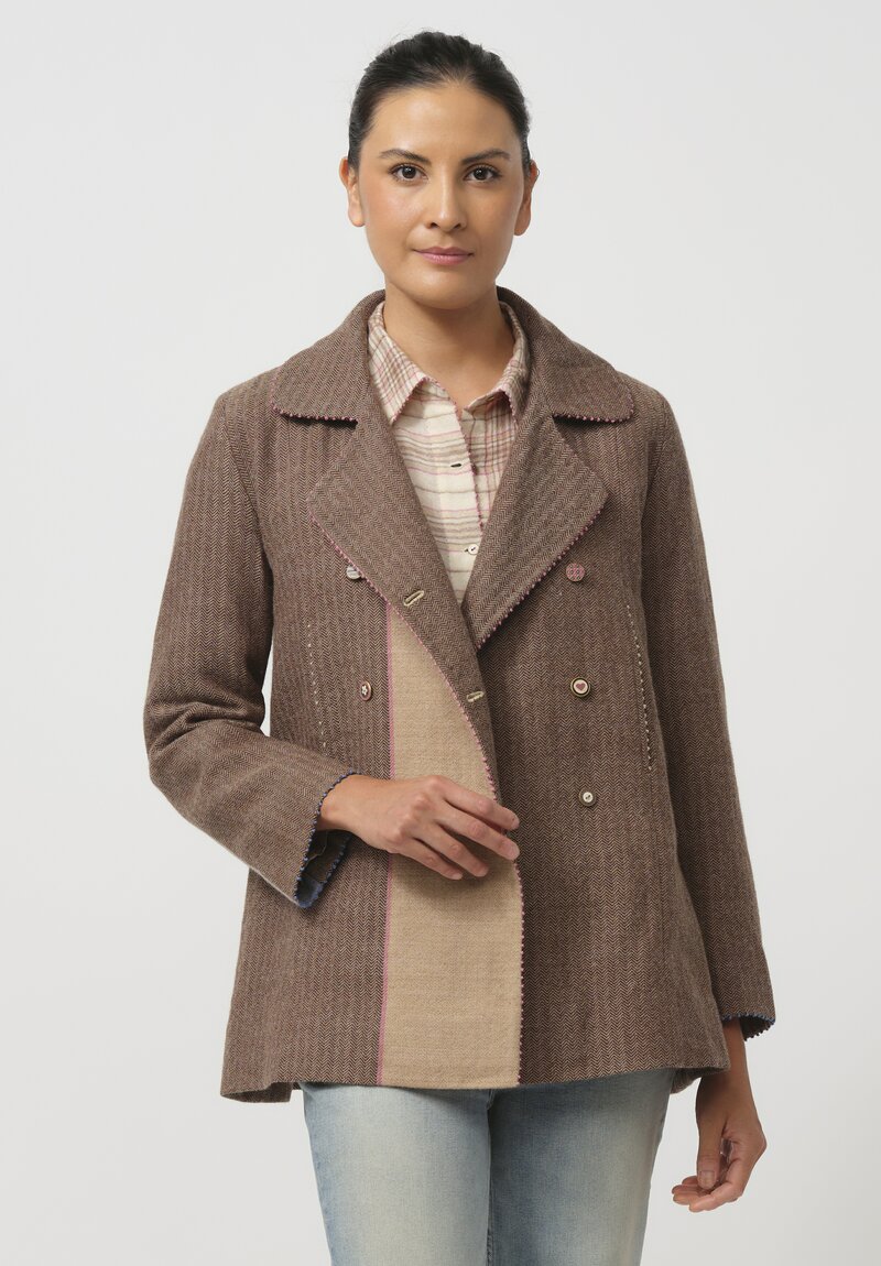 Péro Silk Lined Peacoat in Brown & Beige Herringbone	