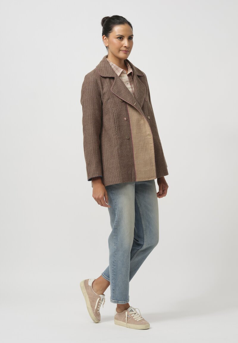 Péro Silk Lined Peacoat in Brown & Beige Herringbone	