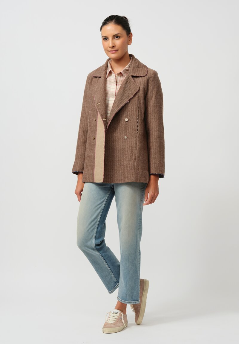 Péro Silk Lined Peacoat in Brown & Beige Herringbone	