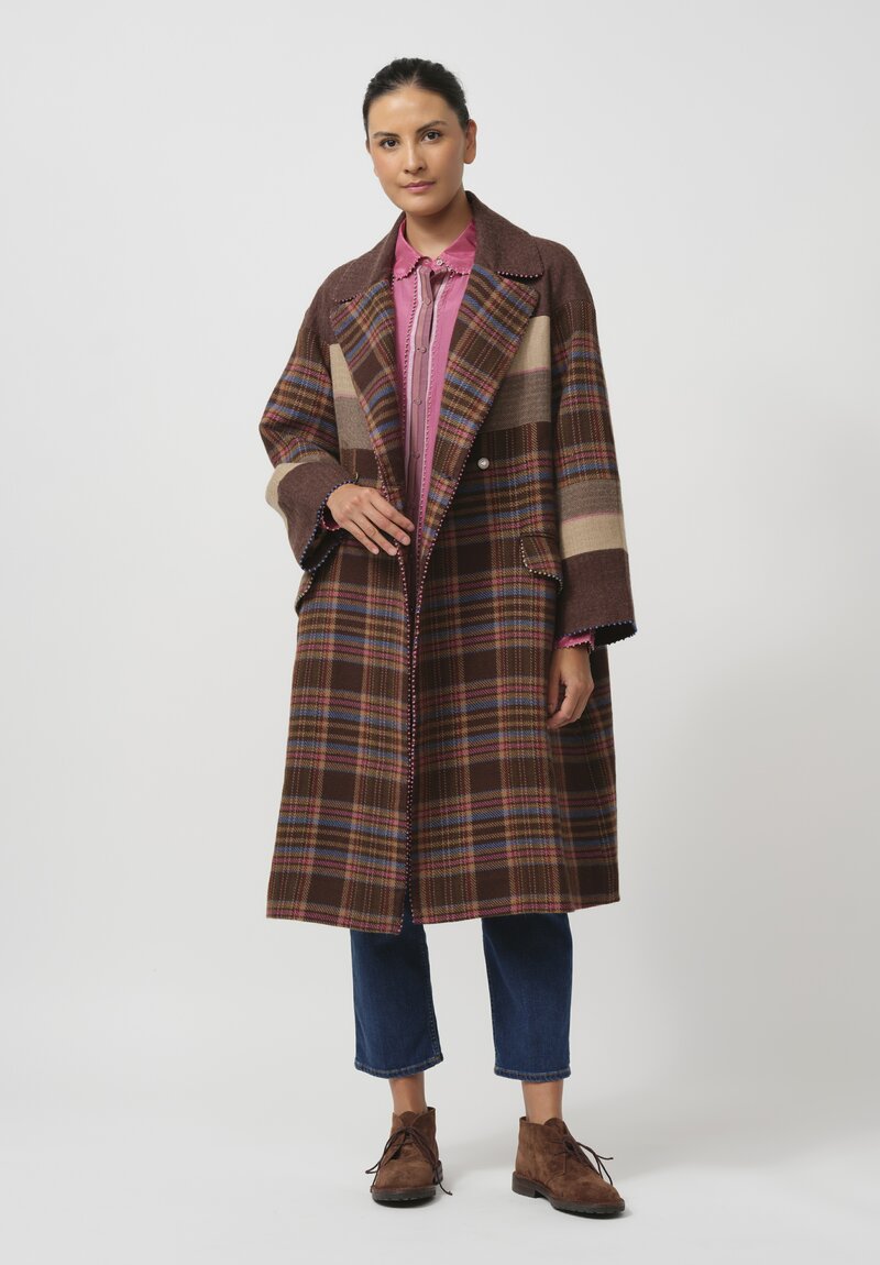 Péro Silk Lined Tartan Panel Long Over Coat