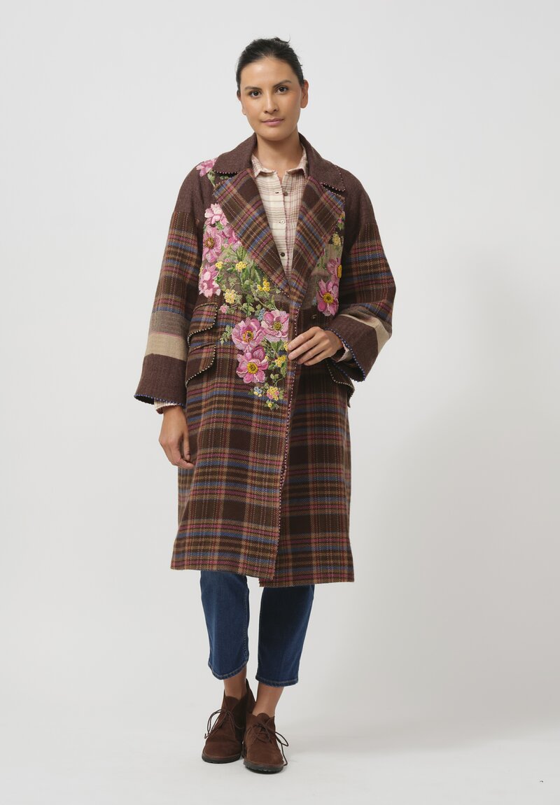 Péro Silk Lined Embroidered Flower Coat in Pink Tartan 