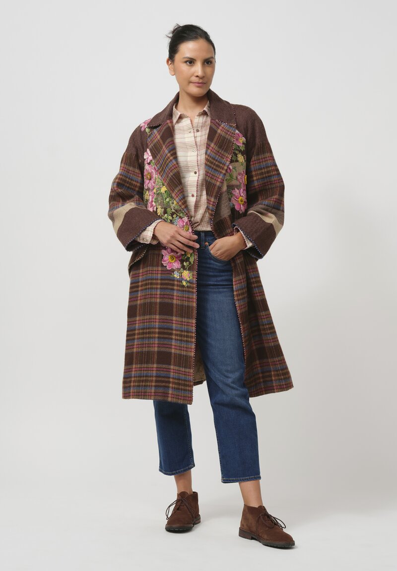 Péro Silk Lined Embroidered Flower Coat in Pink Tartan 