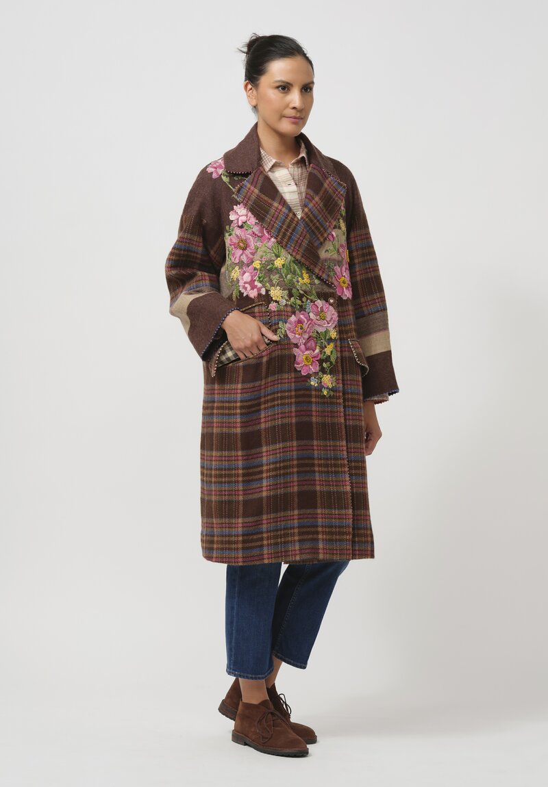 Péro Silk Lined Embroidered Flower Coat in Pink Tartan 