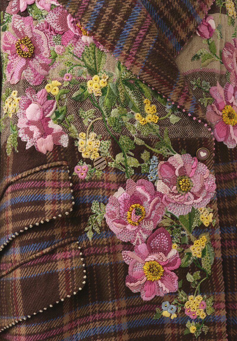 Péro Silk Lined Embroidered Flower Coat in Pink Tartan 