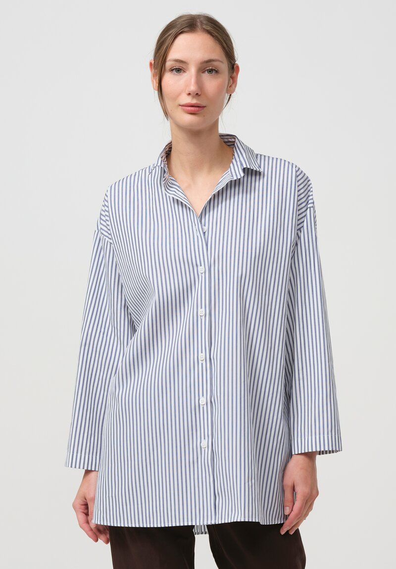 Bergfabel Washed Cotton Poplin Overshirt in Navy Blue Stripe