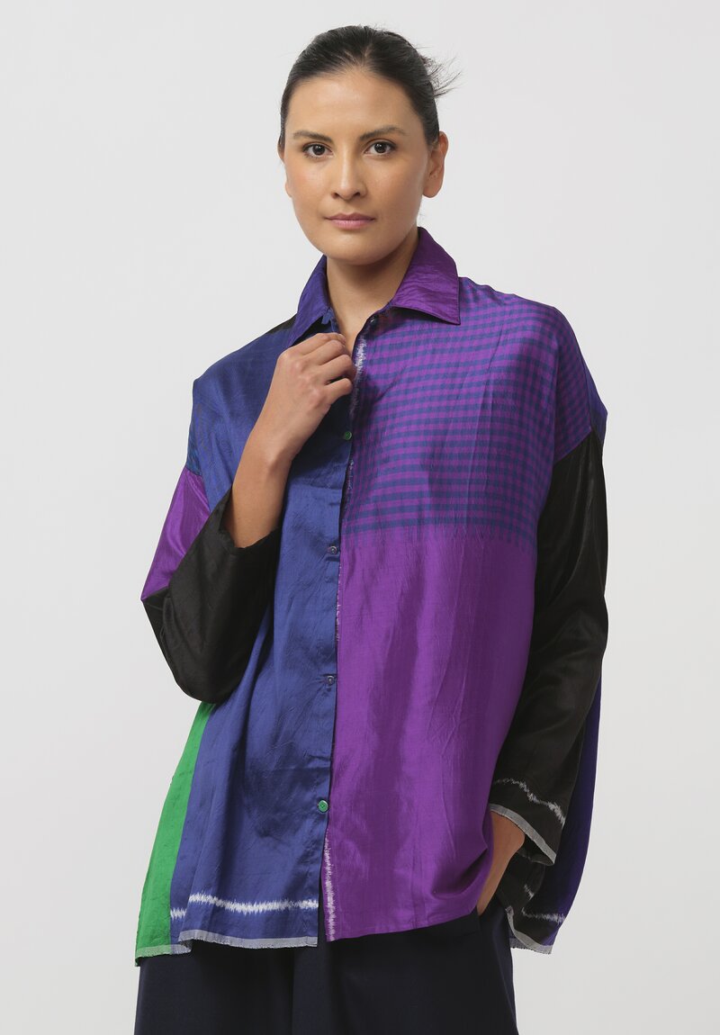 Injiri Handwoven Silk Folklore Shirt in Blue & Purple	