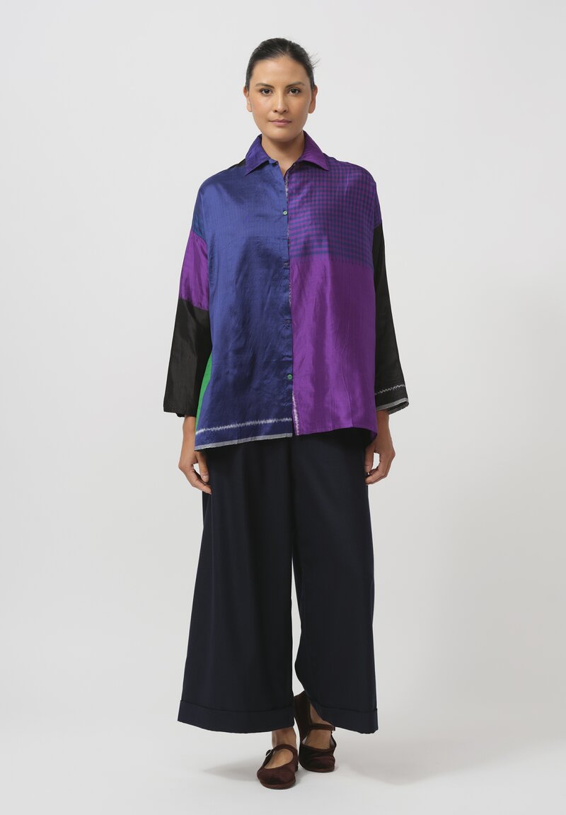 Injiri Handwoven Silk Folklore Shirt in Blue & Purple	