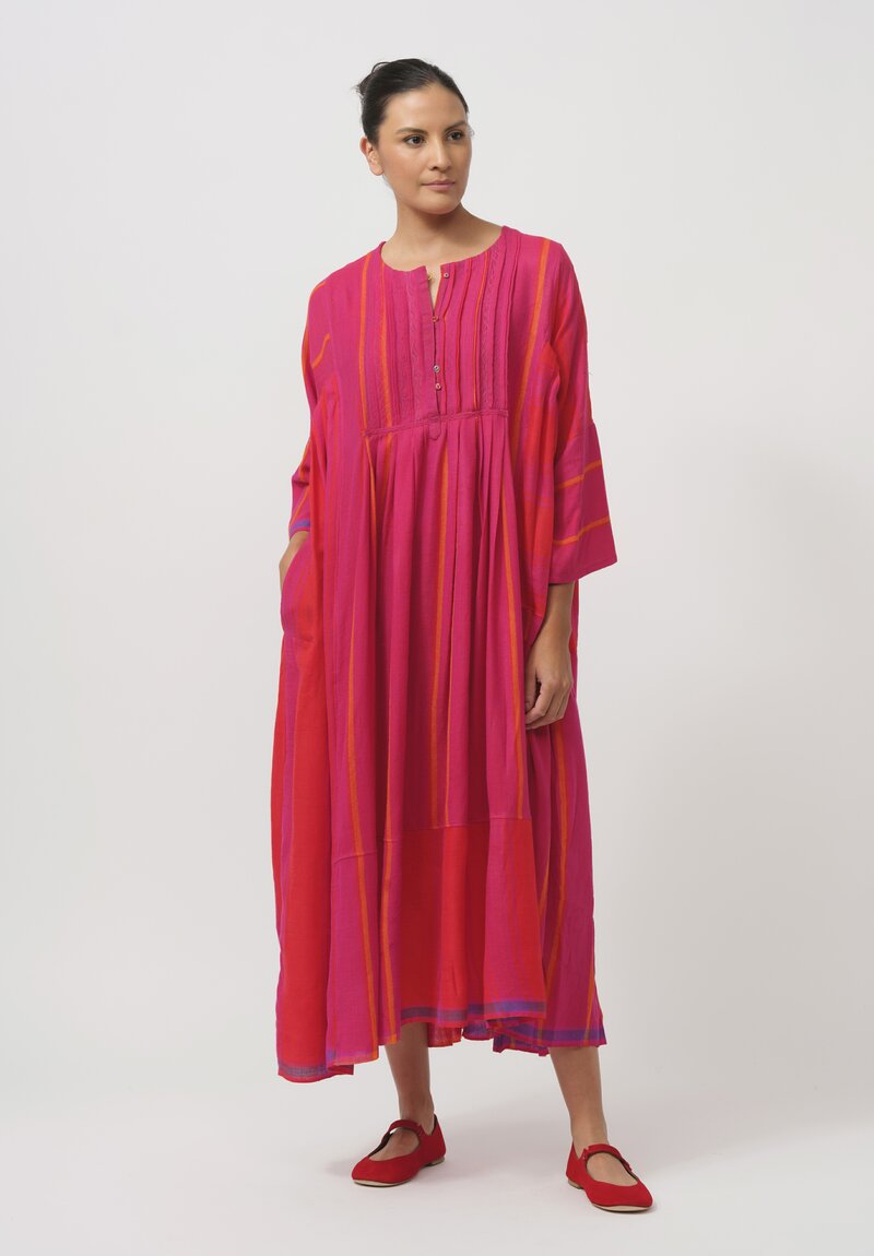 Injiri Handwoven Half-Button Folklore Dress in Orange & Pink	