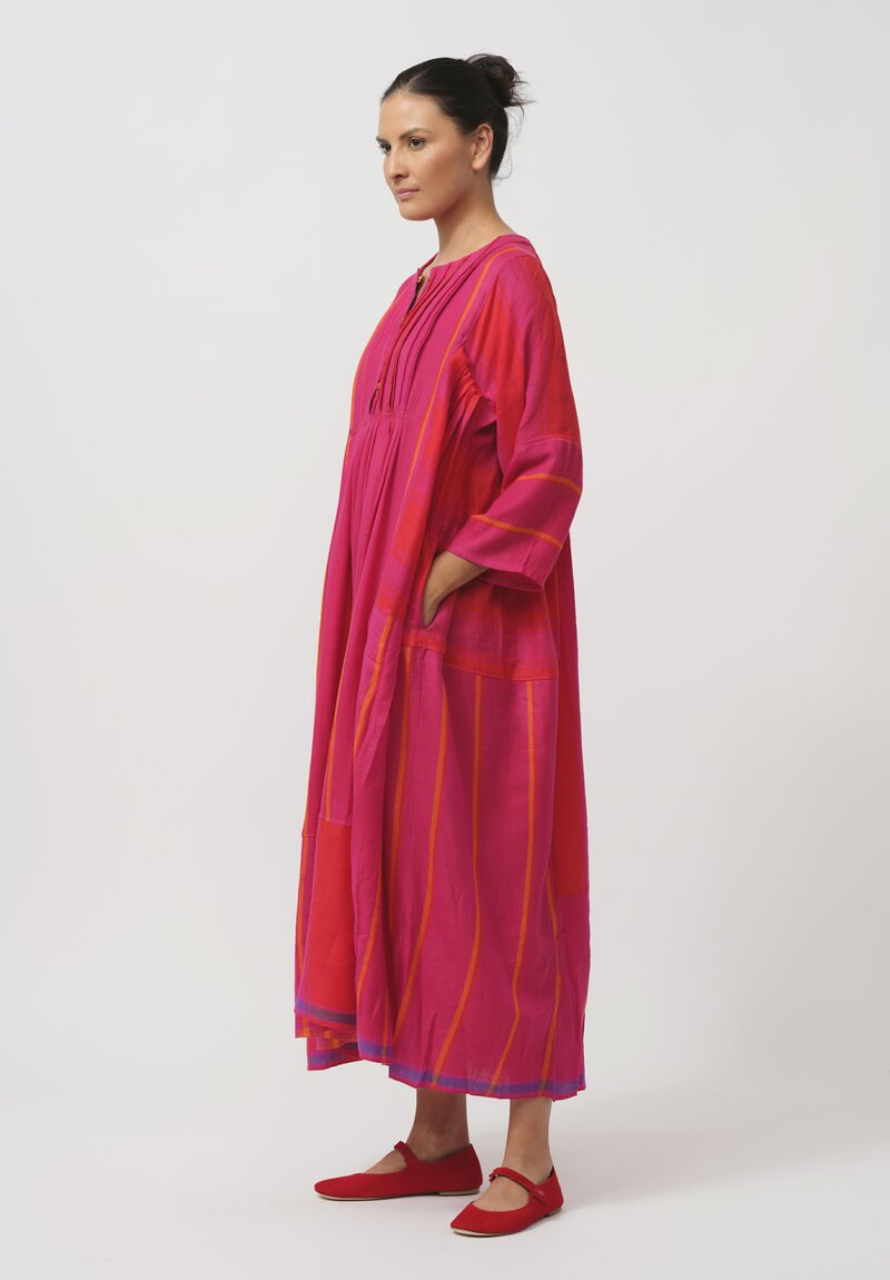 Injiri Handwoven Half-Button Folklore Dress in Orange & Pink	