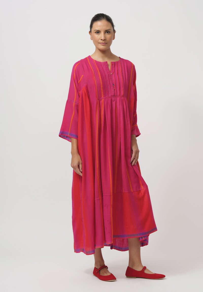 Injiri Handwoven Half-Button Folklore Dress in Orange & Pink	