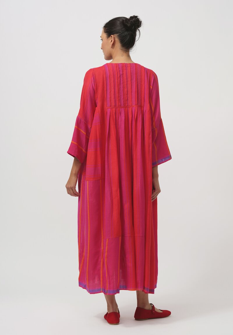 Injiri Handwoven Half-Button Folklore Dress in Orange & Pink	