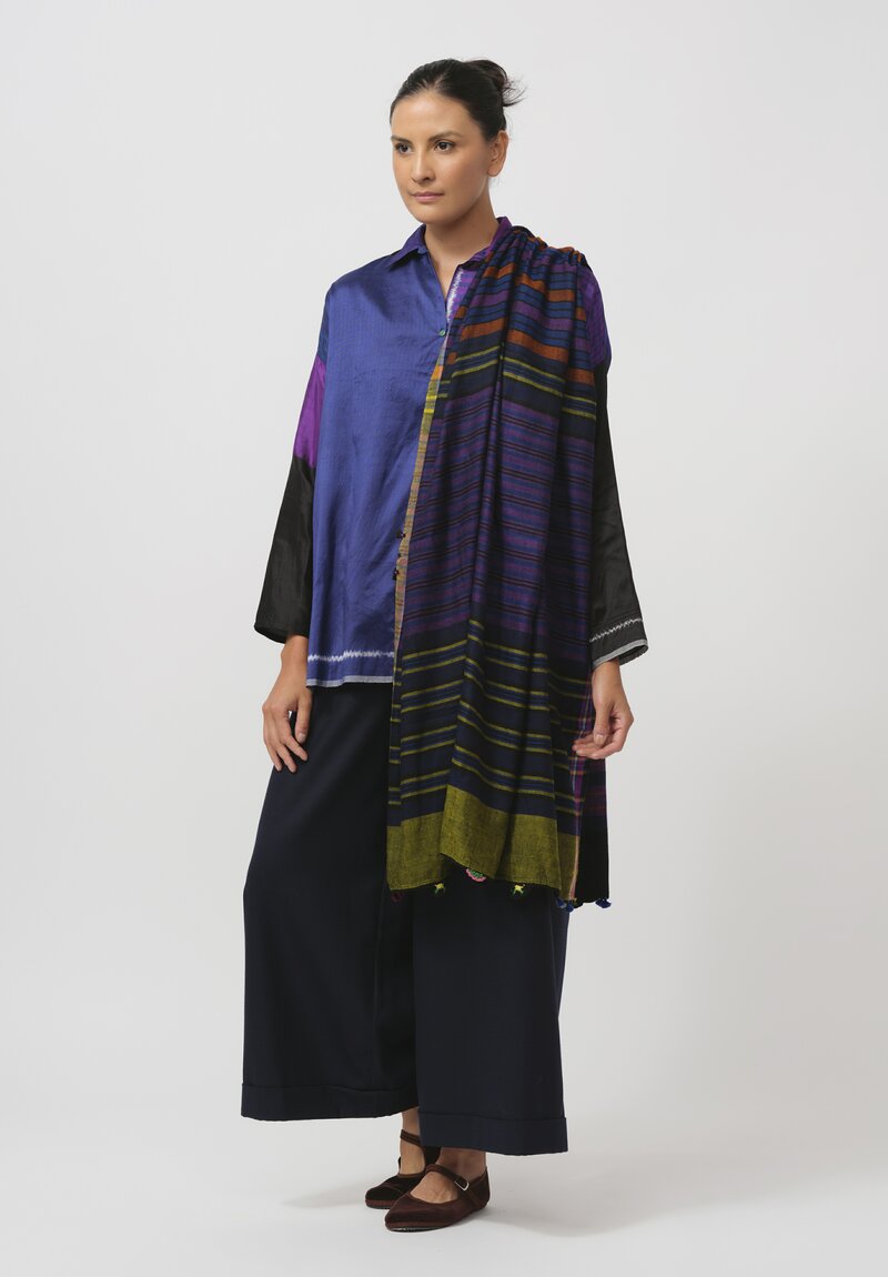 Injiri Tasseled Cashmere Folklore Scarf in Black & Purple	