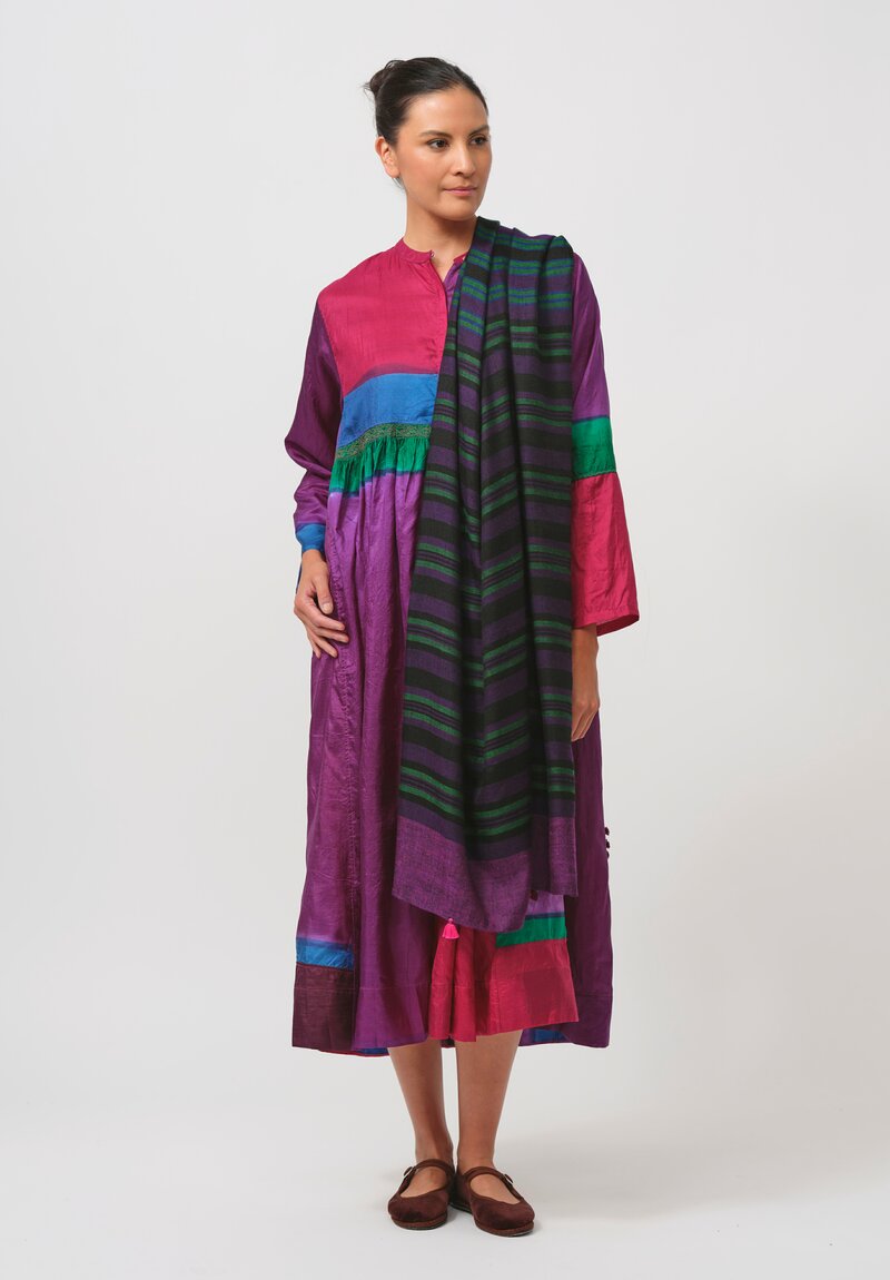 Injiri Tasseled Cashmere Folklore Scarf in Purple & Green	