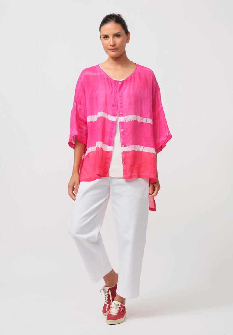 Gilda Midani Pattern-Dyed Linen Super Shirt in Stripes, Fiesta Pink & White	