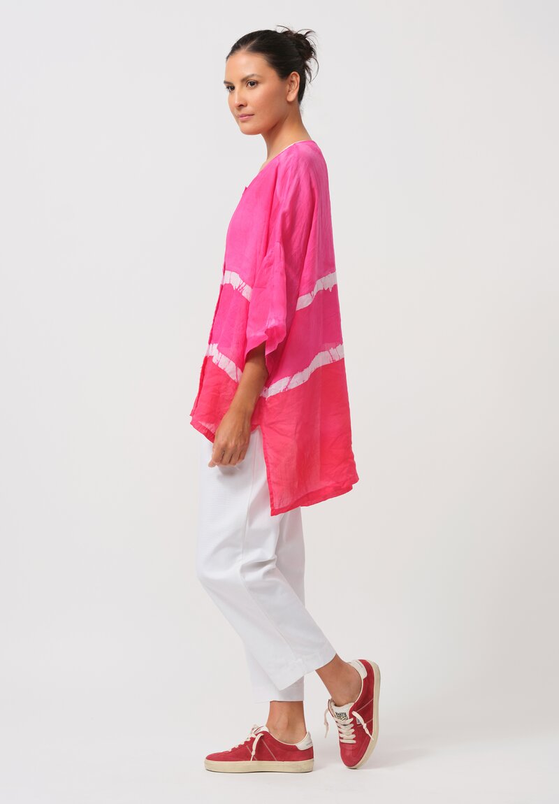 Gilda Midani Pattern-Dyed Linen Super Shirt in Stripes, Fiesta Pink & White	