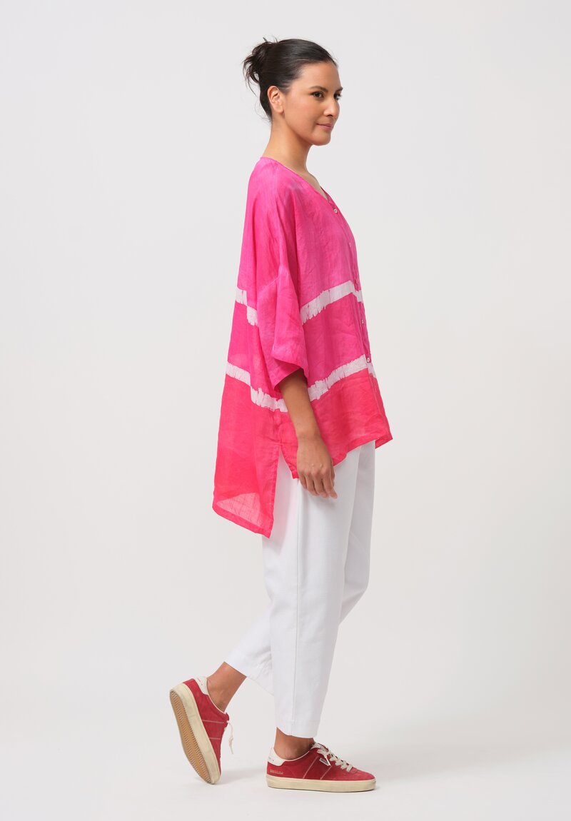 Gilda Midani Pattern-Dyed Linen Super Shirt in Stripes, Fiesta Pink & White	