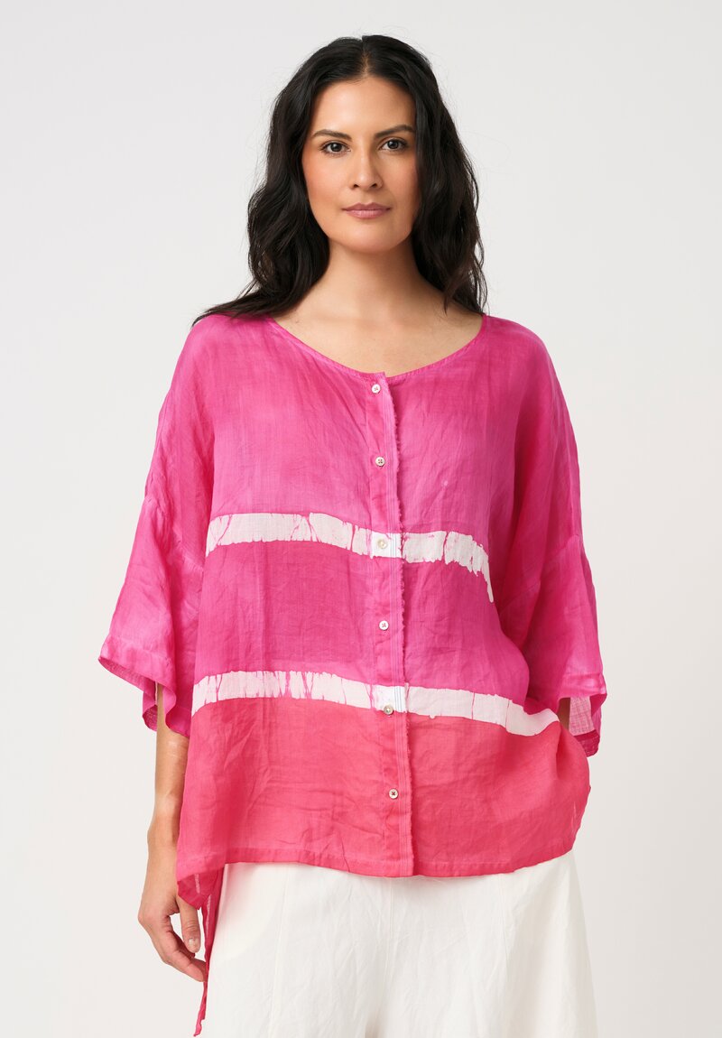 Gilda Midani Linen Pattern-Dyed Super Shirt in Fiesta Pink & White Stripe