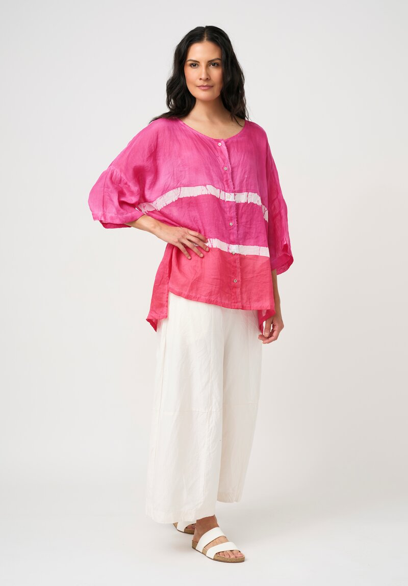 Gilda Midani Linen Pattern-Dyed Super Shirt in Fiesta Pink & White Stripe