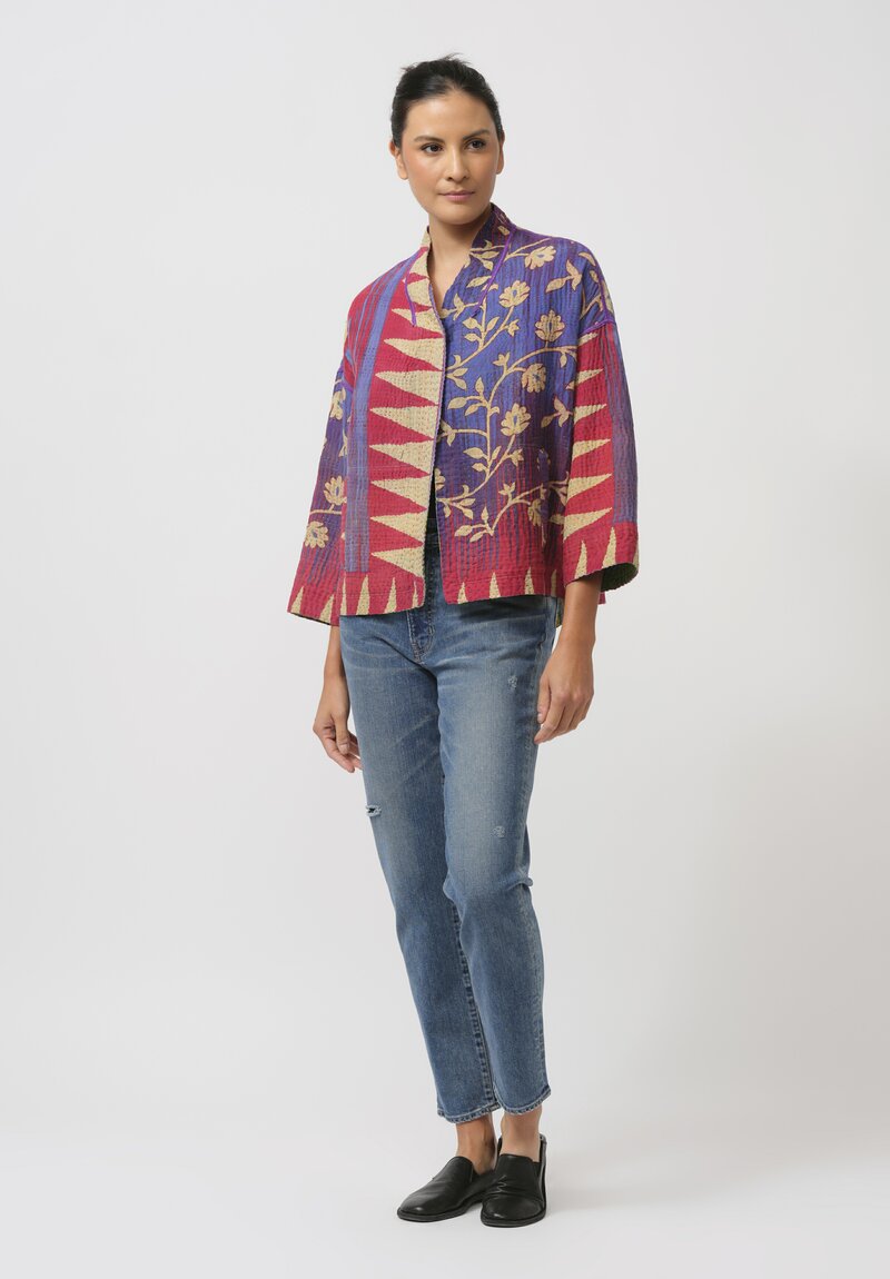 Mieko Mintz Vintage Cotton Kantha Cropped Jacket in Purple & Yellow	