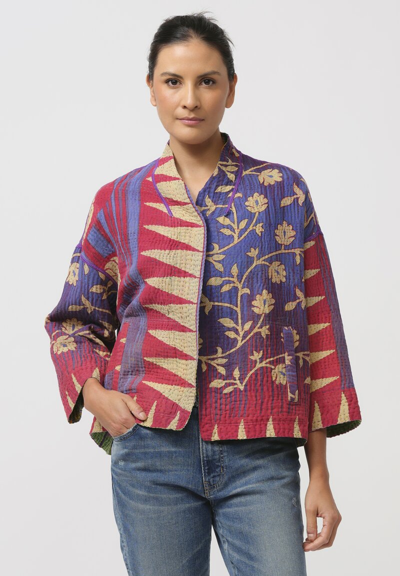 Mieko Mintz Vintage Cotton Kantha Cropped Jacket in Purple & Yellow	