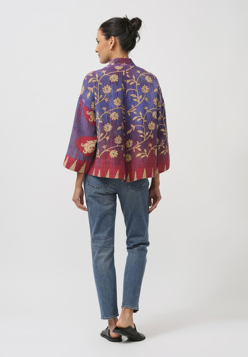 Mieko Mintz Vintage Cotton Kantha Cropped Jacket in Purple & Yellow	