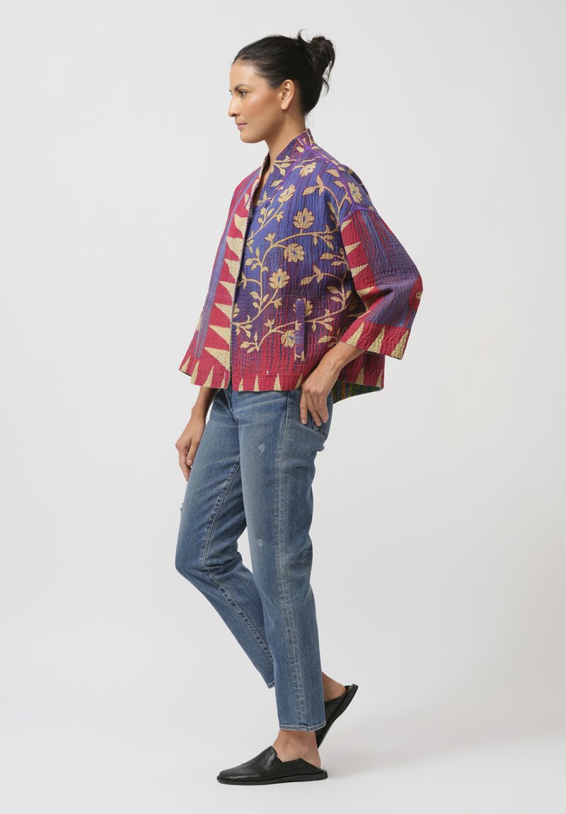 Mieko Mintz Vintage Cotton Kantha Cropped Jacket in Purple & Yellow	