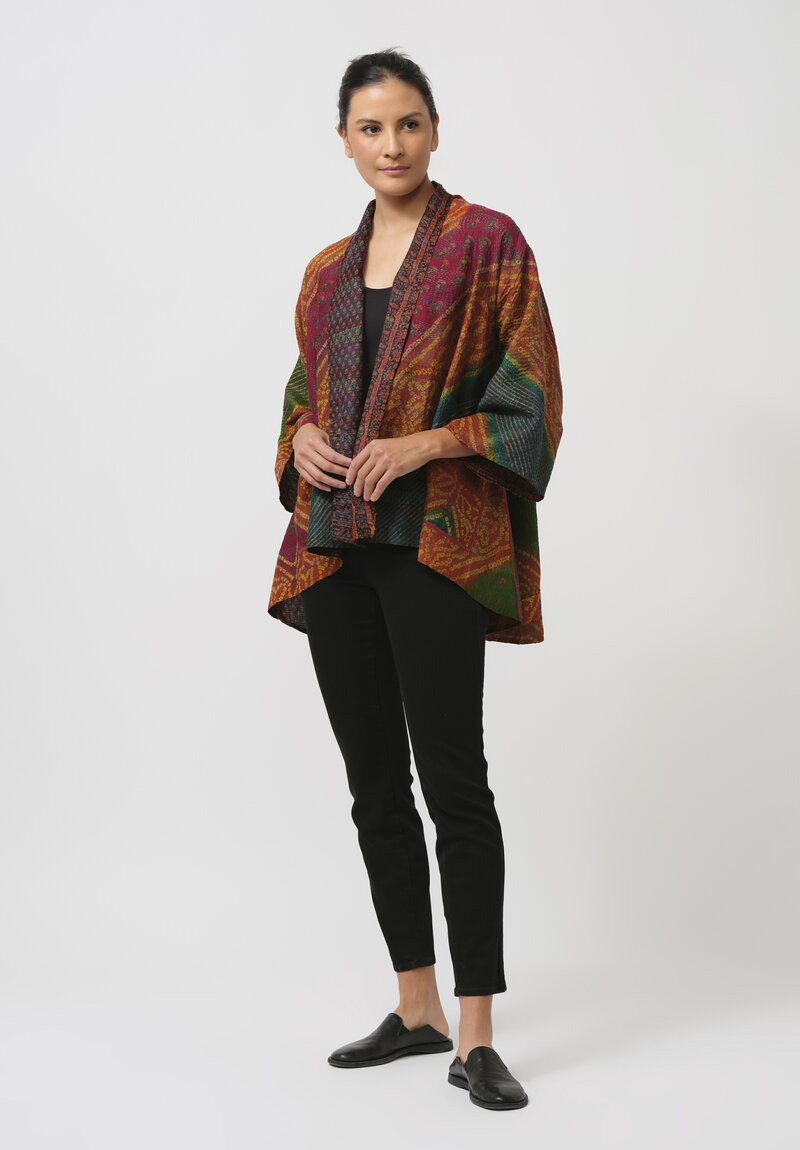 Mieko Mintz Vintage Silk Georgette Kantha Kimono Jacket in Orange & Emerald Green	