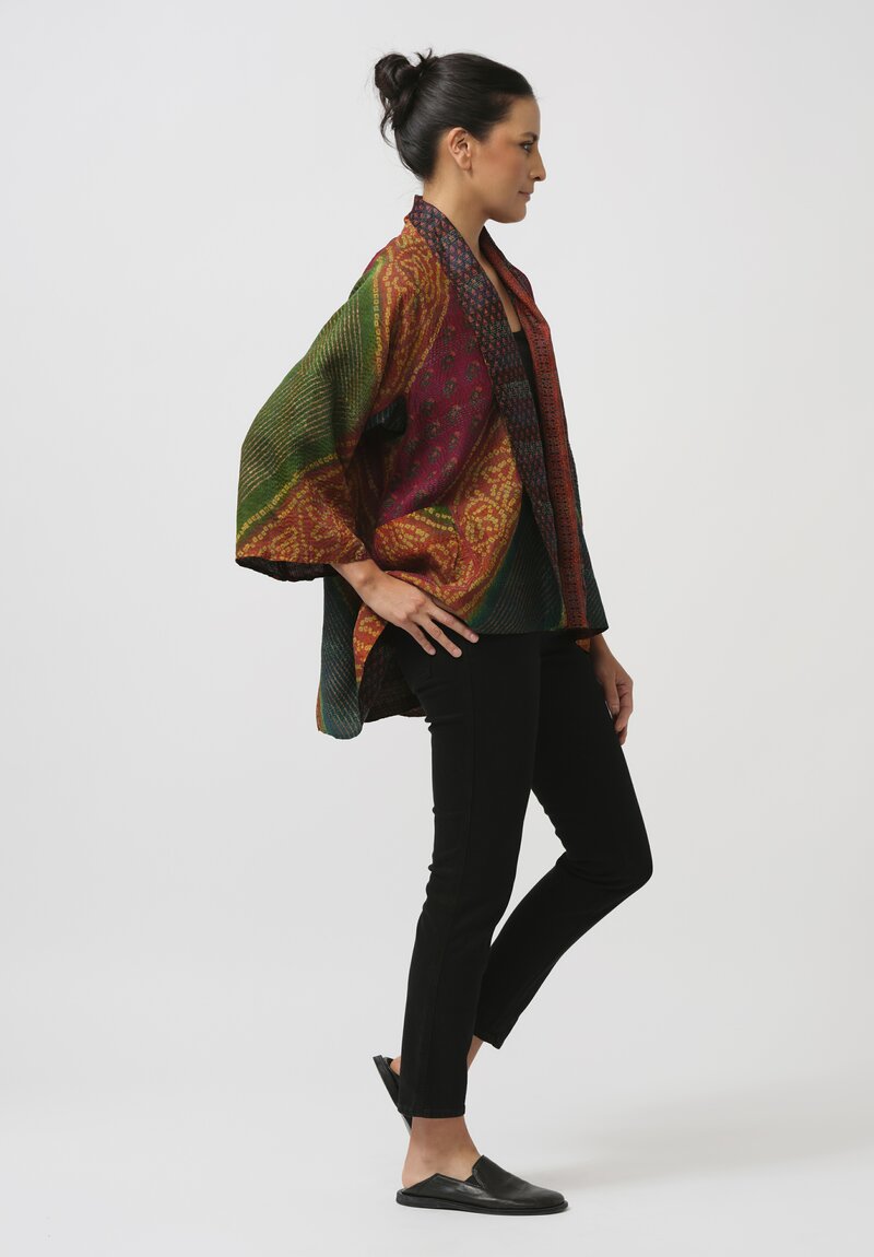 Mieko Mintz Vintage Silk Georgette Kantha Kimono Jacket in Orange & Emerald Green	