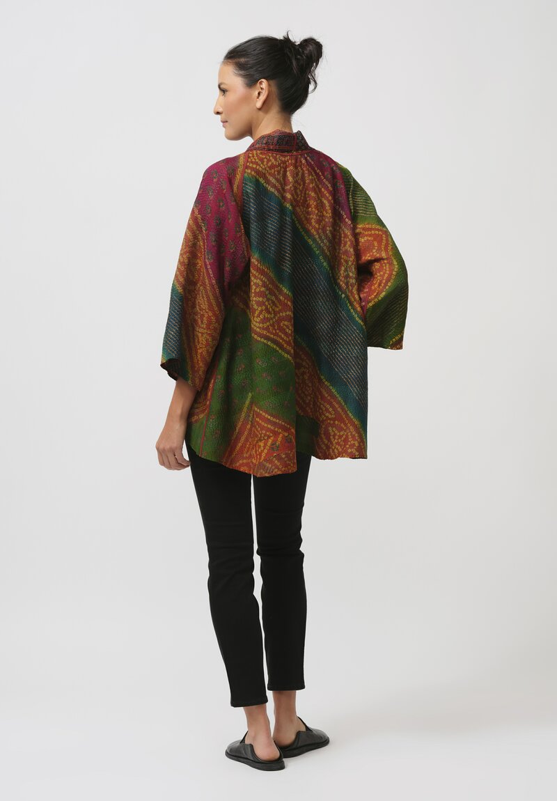 Mieko Mintz Vintage Silk Georgette Kantha Kimono Jacket in Orange & Emerald Green	