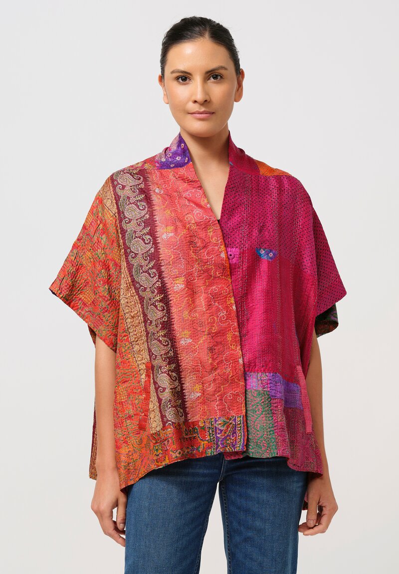 Mieko Mintz Vintage Silk Kantha Mini Poncho in Orange, Fuchsia & Purple