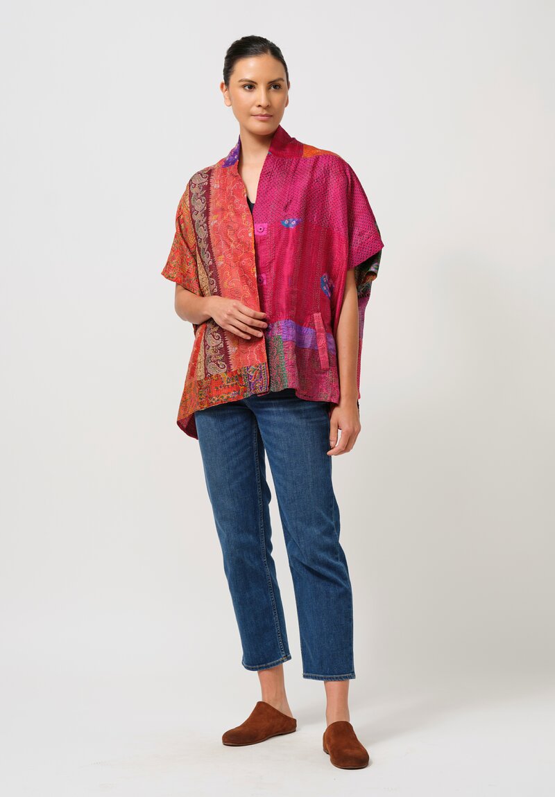 Mieko Mintz Vintage Silk Kantha Mini Poncho in Orange, Fuchsia & Purple