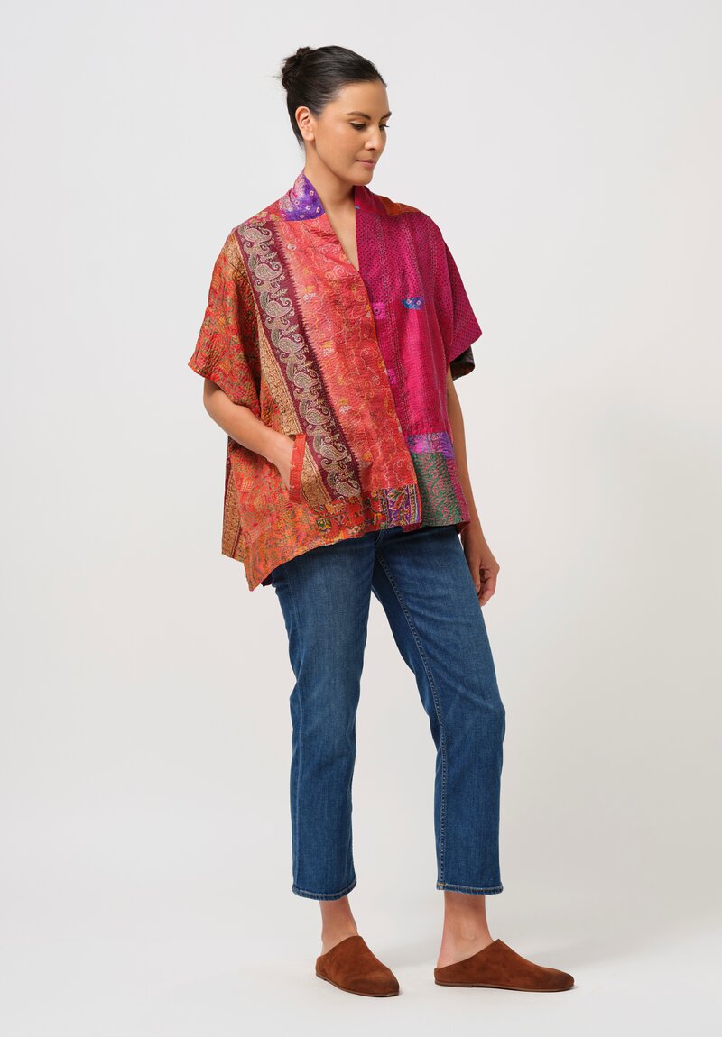 Mieko Mintz Vintage Silk Kantha Mini Poncho in Orange, Fuchsia & Purple