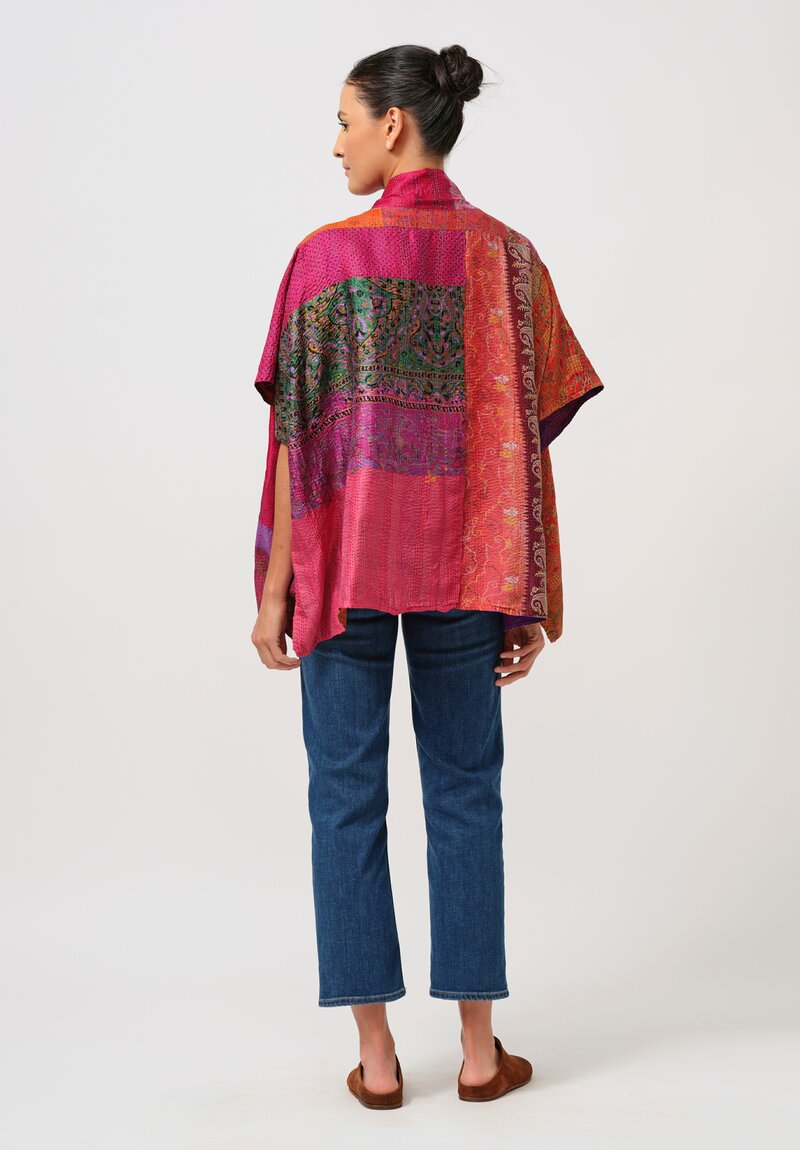 Mieko Mintz Vintage Silk Kantha Mini Poncho in Orange, Fuchsia & Purple