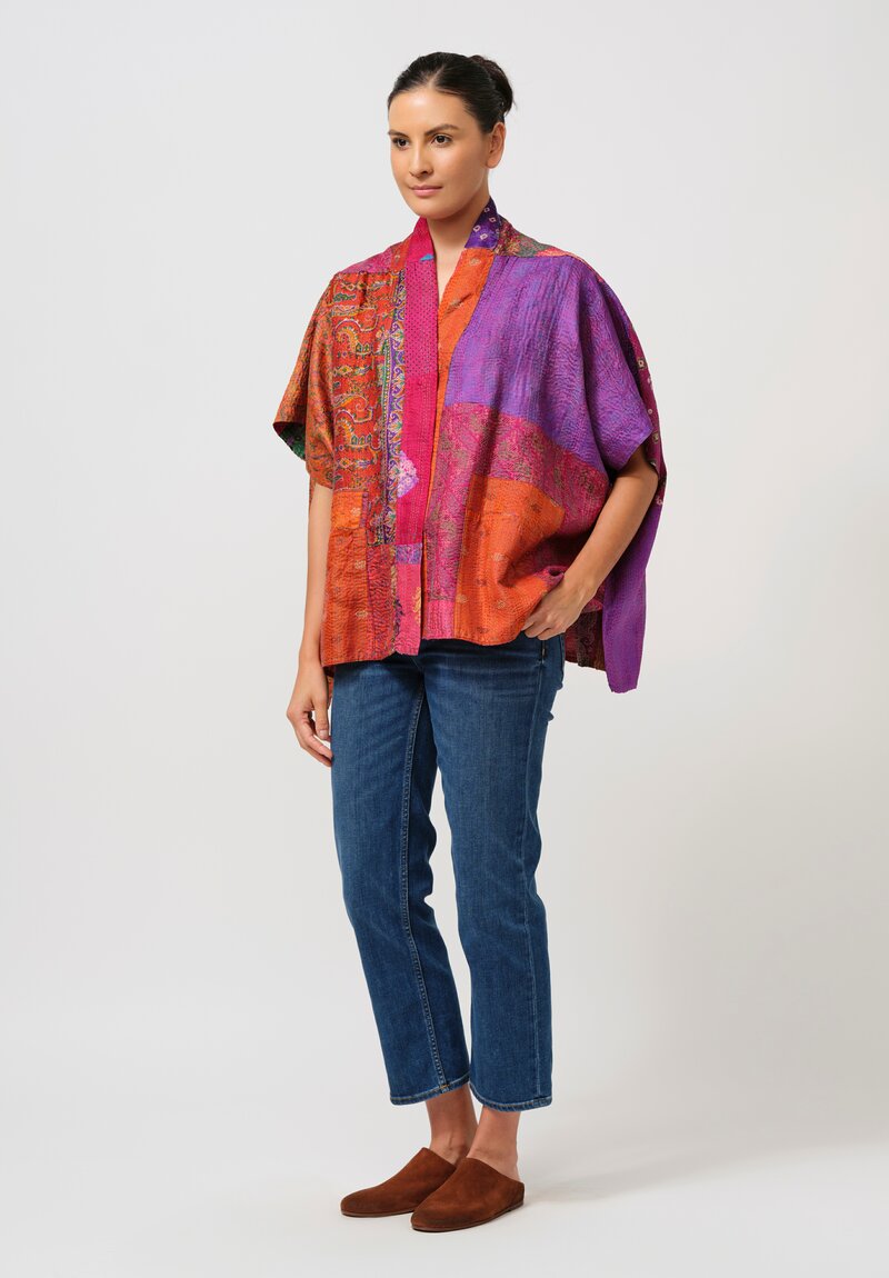 Mieko Mintz Vintage Silk Kantha Mini Poncho in Orange, Fuchsia & Purple