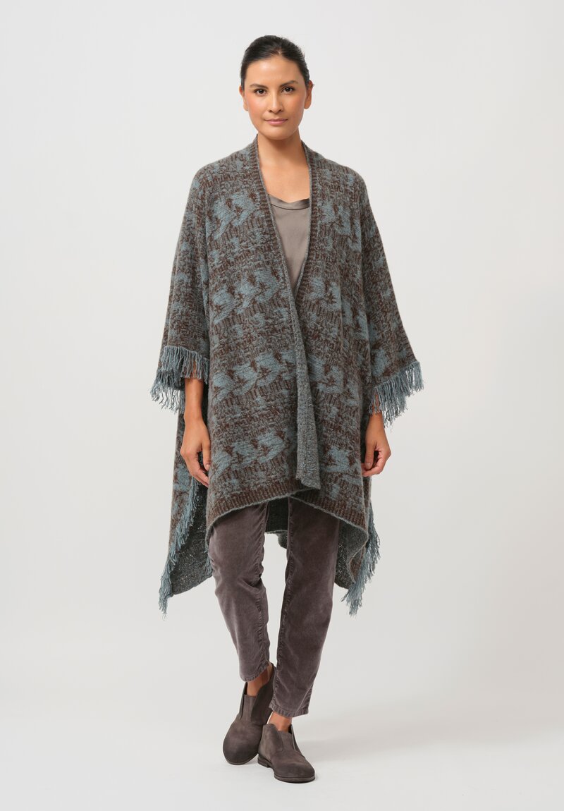 Lainey Keogh Cashmere Poncho Cardigan Cape in Soft Blue & Chestnut Brown	